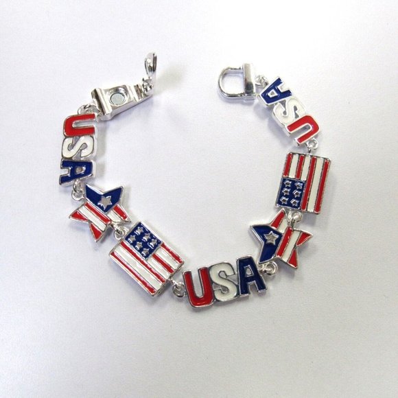 Silver Plated USA American Flag Patriotic Charm Bracelet W/ Magnetic Clasp - Picture 4 of 4